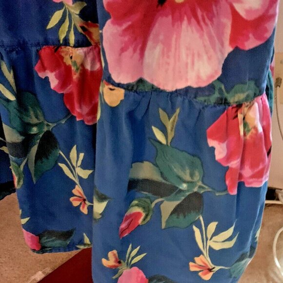 Vintage Ladies Mumu Dress w Pockets Tropical Floral MED Cotton Midi Blue w Pink - Picture 12 of 12